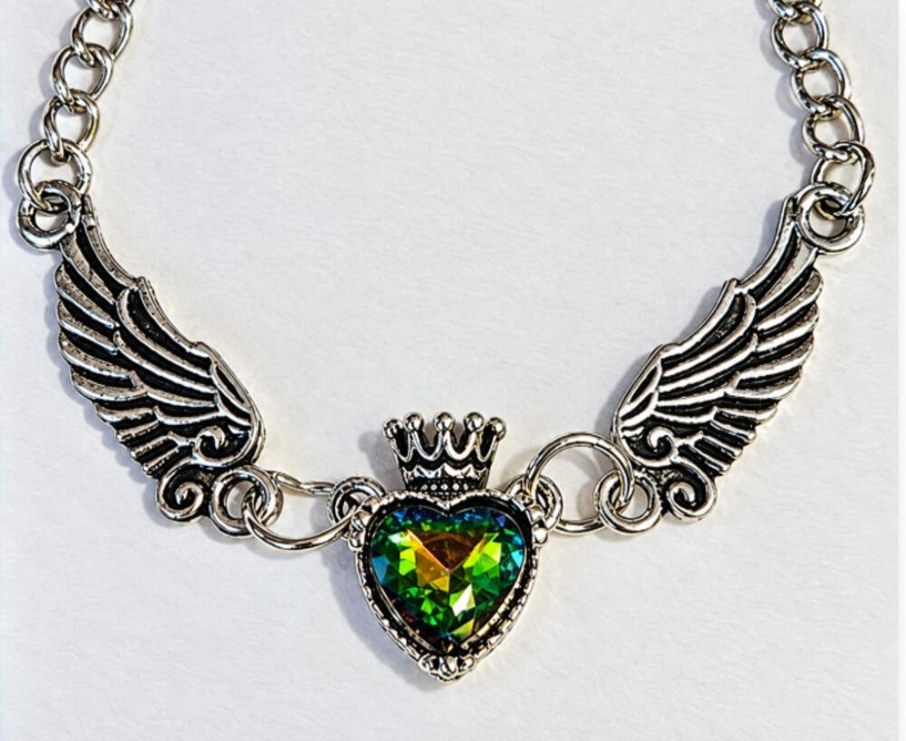 Silver Tone Chain Necklace Iridescent Green Heart Pendant Angle Wings & Crown